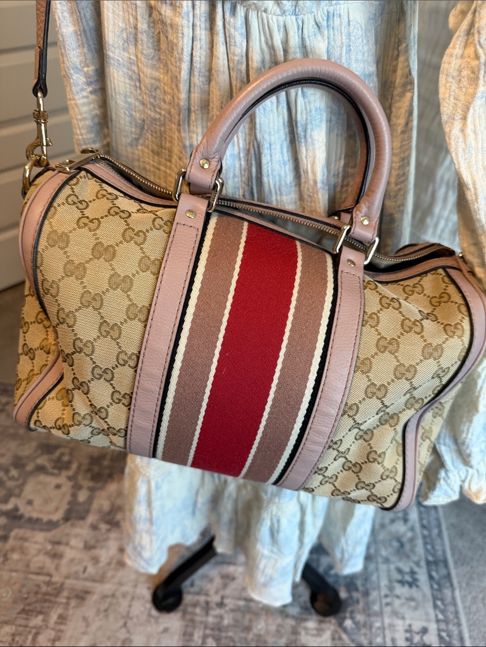 Gucci Beige GG Canvas Satchel with Pink Trim and Red Center Stripe